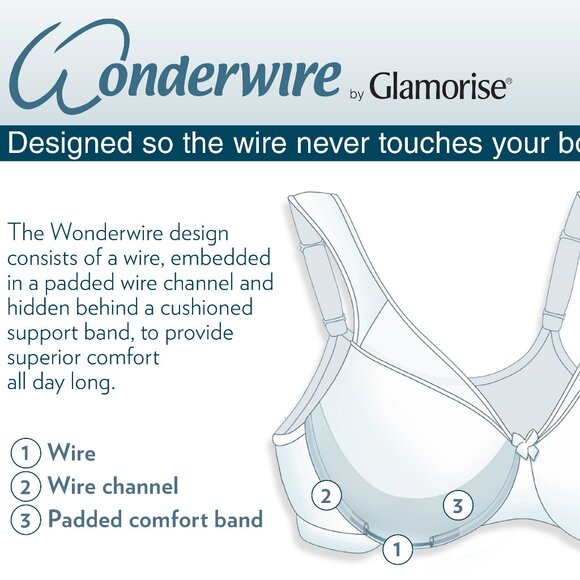 Glamorise 34D Satin Lace Underwire Bra Blue Wonderwire Elegance Side-Bones 34D - Picture 12 of 16